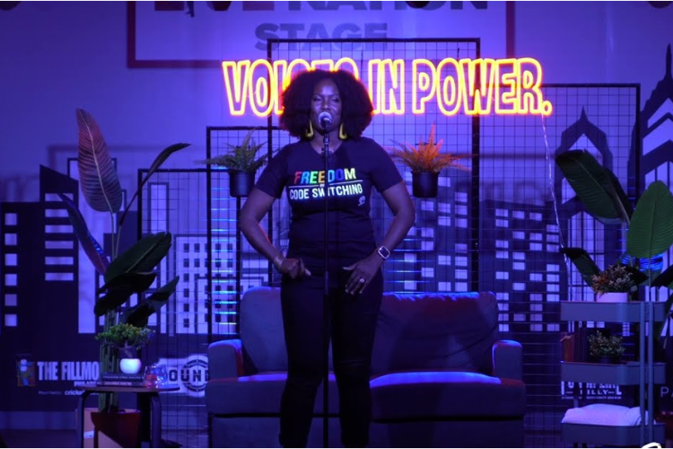 Jaylene Clark Owens performing 'My Voice, My Choice' at the Voices In Power Poetry Open Mic Experience in Philadelphia. Photo credit: YouTube
