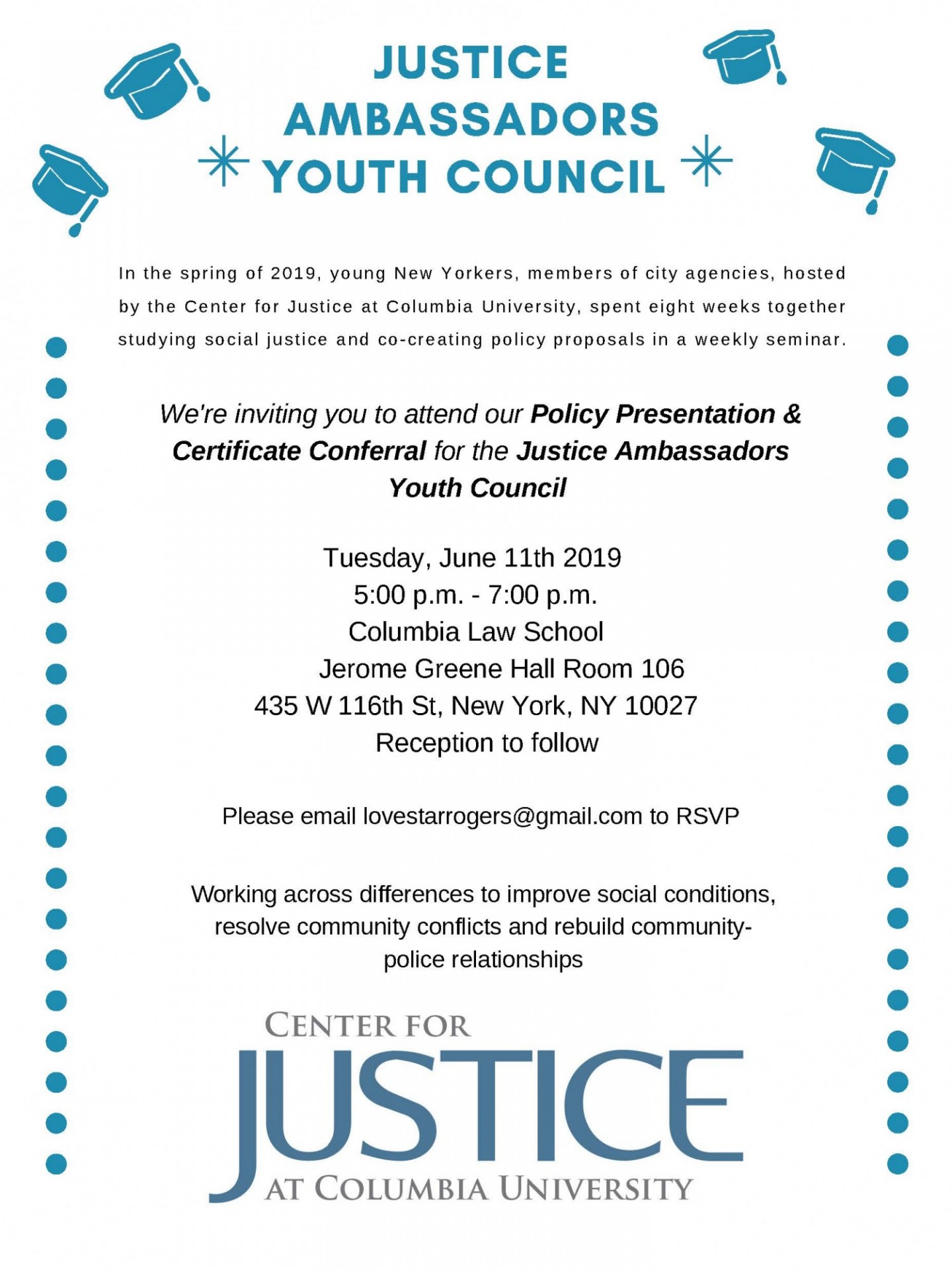 Justice Ambassadors Youth Council Policy Presentation & Certificate Conferral flyer