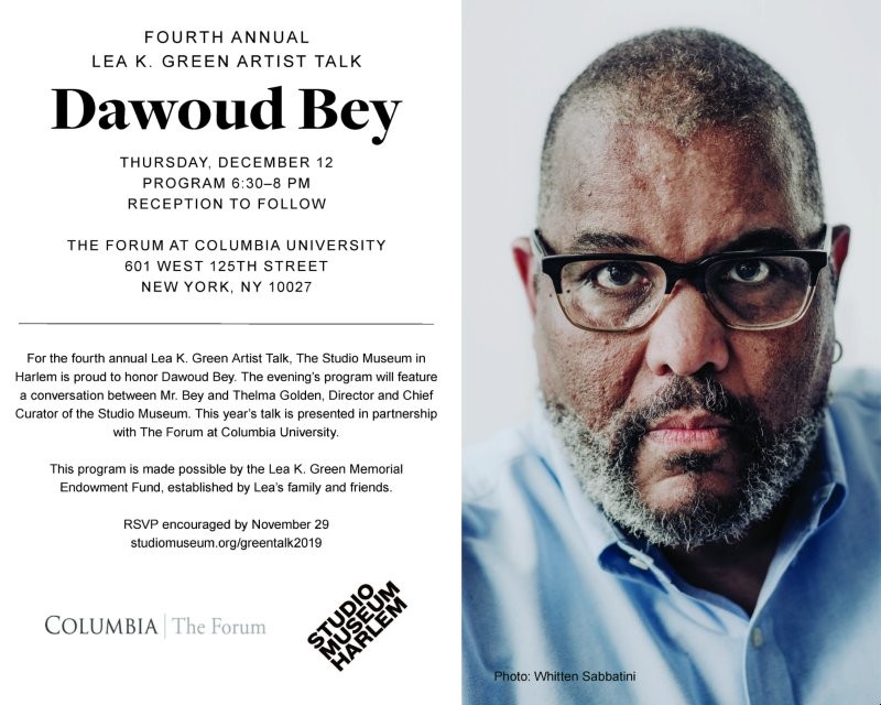 A photograph of Dawoud Bey in glasses and a blue shirt, looking at the camera, as well as event details replicated in the description below.