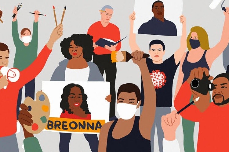 An illustration by Julie Winegard of people protesting, holding up signs, megaphones and and art supplies.