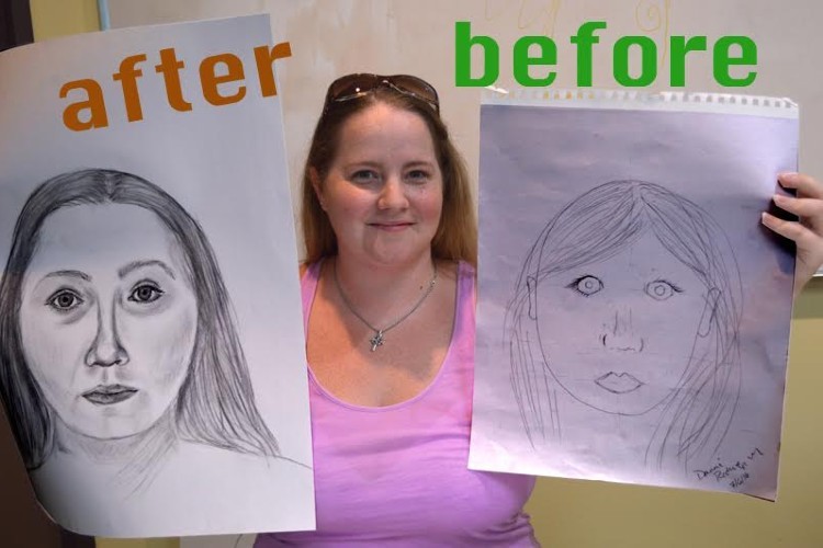 A woman in a pink shirt holding up two portraits, one labeled "before" and one labeled "after."