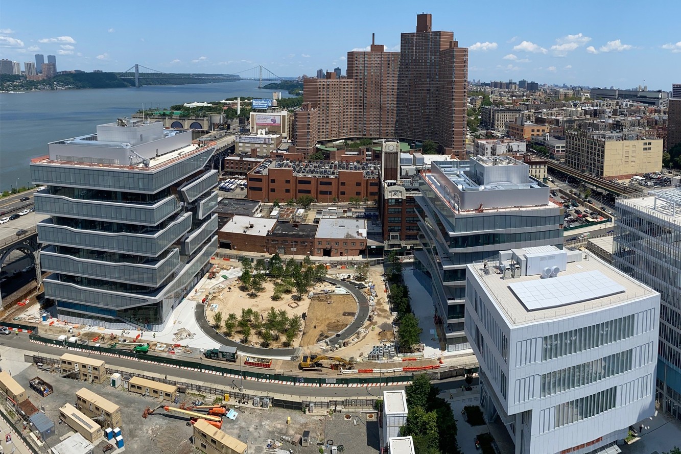 Project site, aerial view looking north, July 23, 2021 Aerial view of Columbia Manhattanville campus construction site.