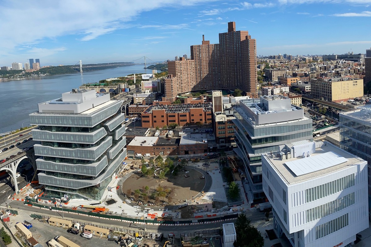 Project site, aerial view looking north, October 14, 2021 Aerial view of Columbia Manhattanville campus construction site.