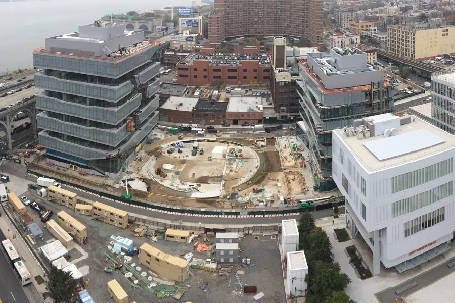 Project site, aerial view looking north, October 23, 2020 Aerial view of Columbia Manhattanville campus construction site.