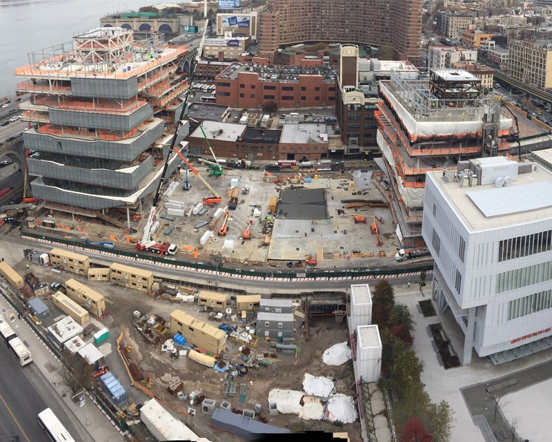Project site, aerial view looking northeast, November 15, 2019 Aerial view of Columbia Manhattanville campus construction site.