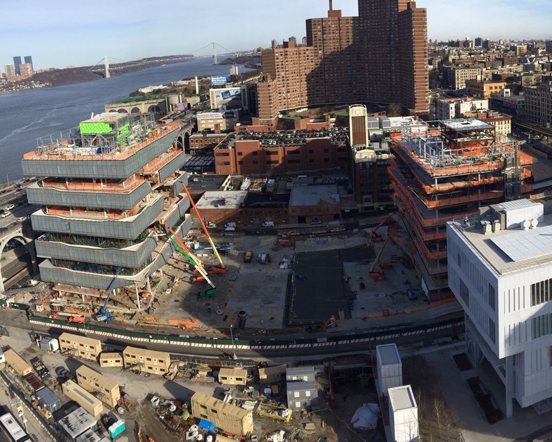 Project site, aerial view looking northeast, December 13, 2019 Aerial view of Columbia Manhattanville campus construction site.