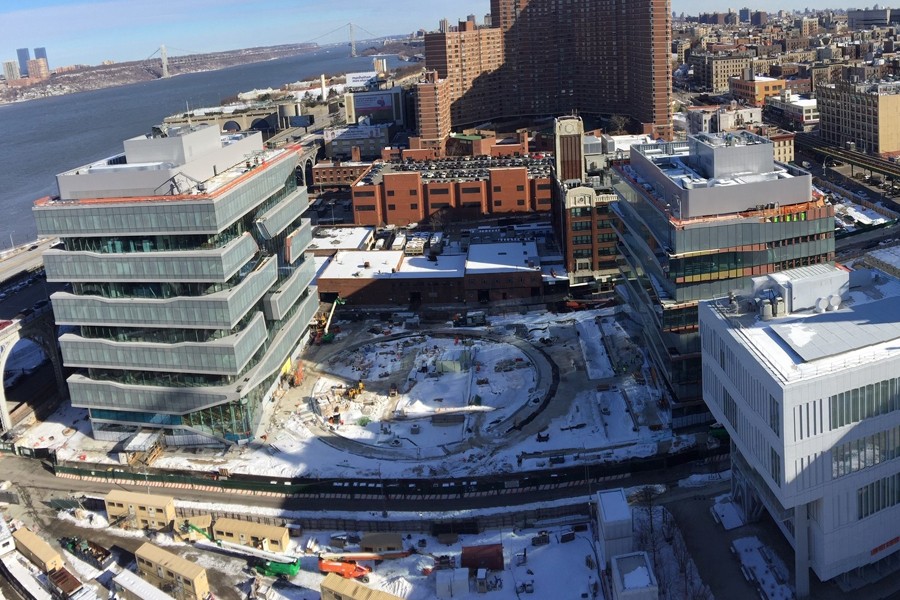 Project site, aerial view looking north, February 13, 2021 Aerial view of Columbia Manhattanville campus construction site.