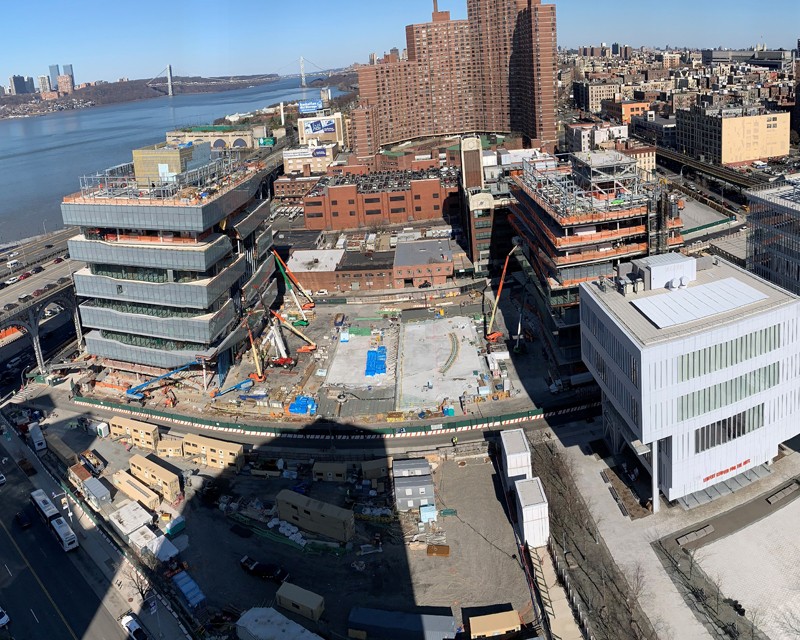 Project site, aerial view looking northeast, February 21, 2020 Aerial view of Columbia Manhattanville campus construction site.