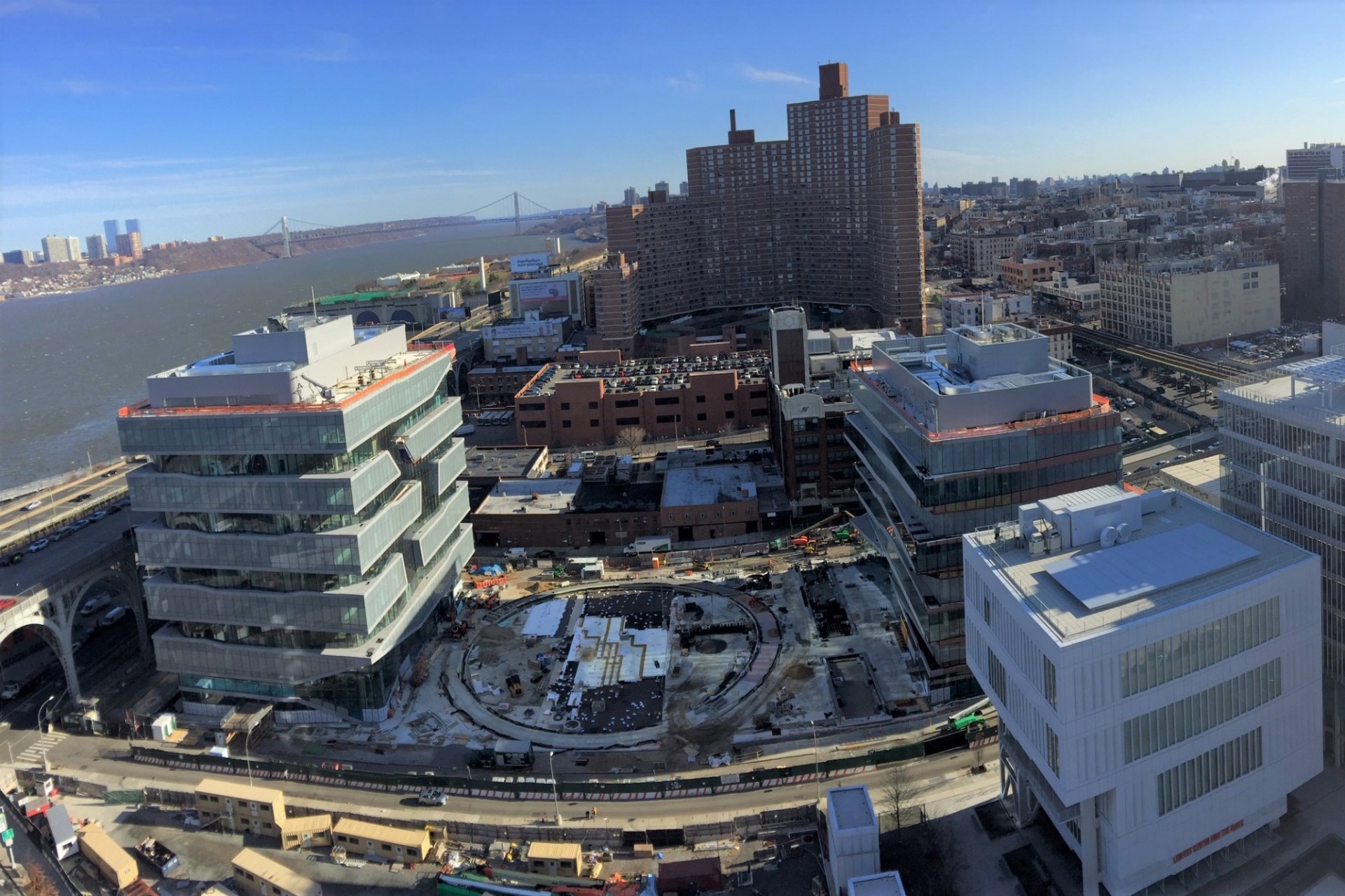 Project site, aerial view looking north, March 19, 2021 Aerial view of Columbia Manhattanville campus construction site.