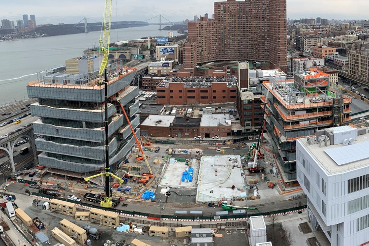 Project site, aerial view looking northeast, March 6, 2020 Aerial view of Columbia Manhattanville campus construction site.