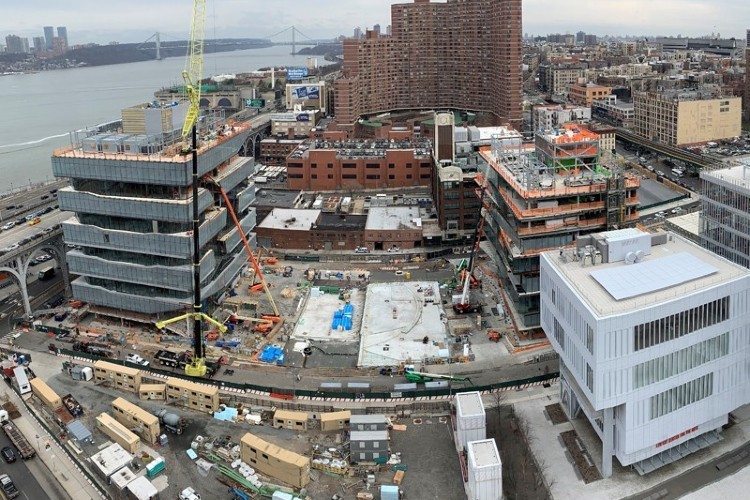 Project site, aerial view looking northeast, March 6, 2020 Aerial view of Columbia Manhattanville campus construction site.