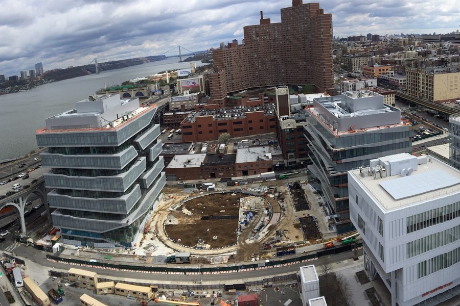 Project site, aerial view looking north, April 23, 2021 Aerial view of Columbia Manhattanville campus construction site.