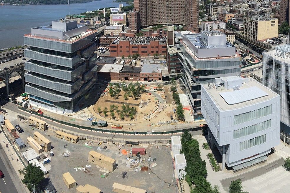 Aerial view of Columbia Manhattanville campus construction site. 