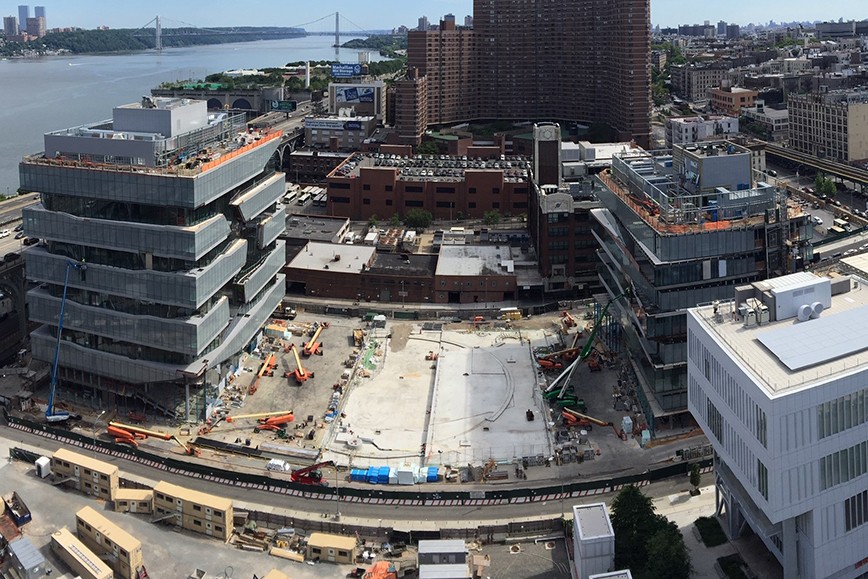 Project site, aerial view looking northeast, June 26, 2020 Aerial view of Columbia Manhattanville campus construction site.