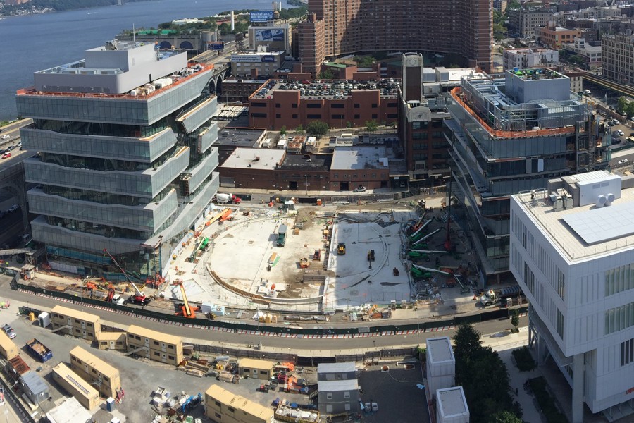 Project site, aerial view looking north, August 14, 2020 Aerial view of Columbia Manhattanville campus construction site.