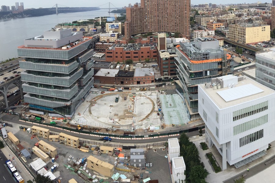 Project site, aerial view looking north, September 11, 2020 Aerial view of Columbia Manhattanville campus construction site.