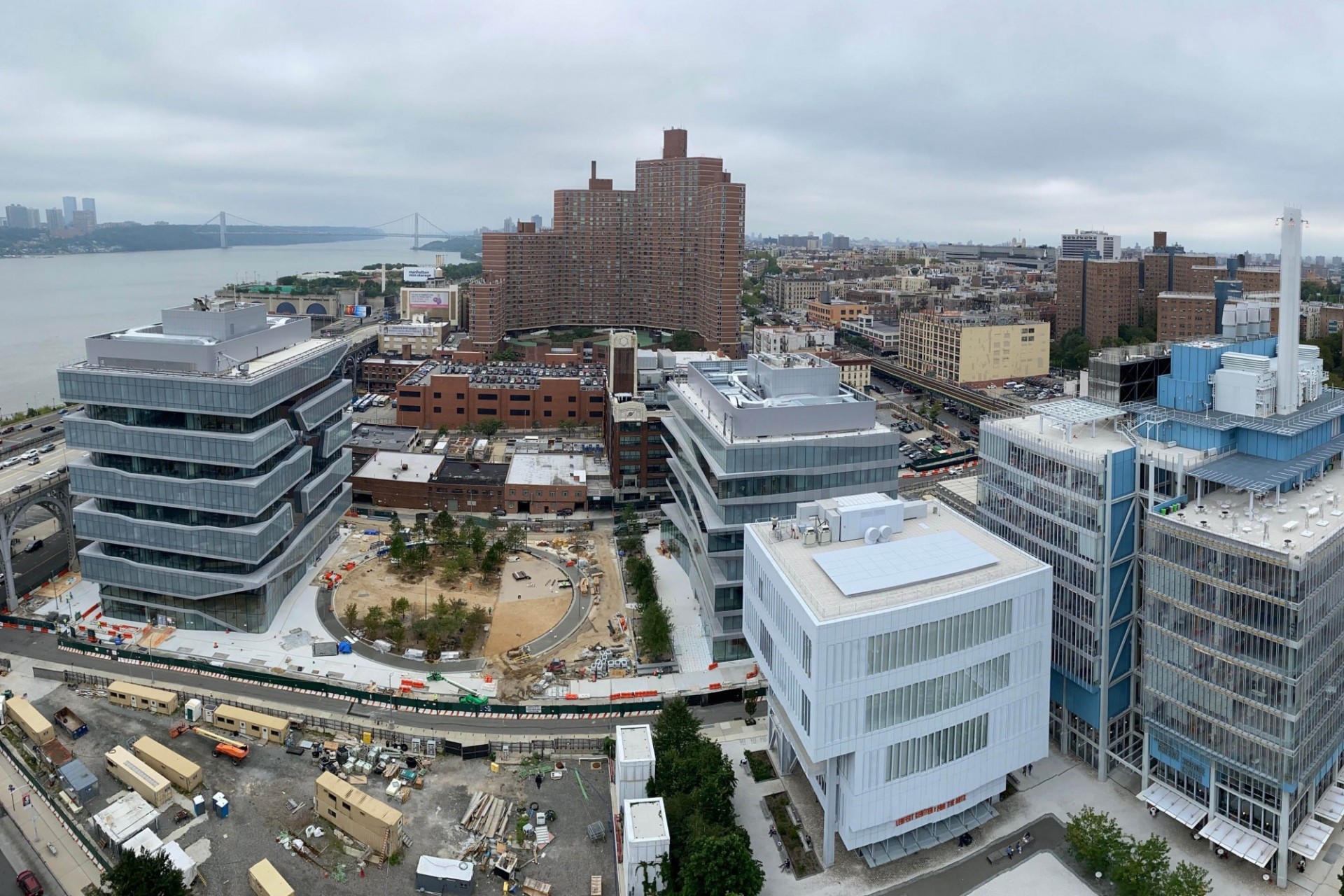 Project site, aerial view looking north, September 16, 2021 Aerial view of Columbia Manhattanville campus construction site.