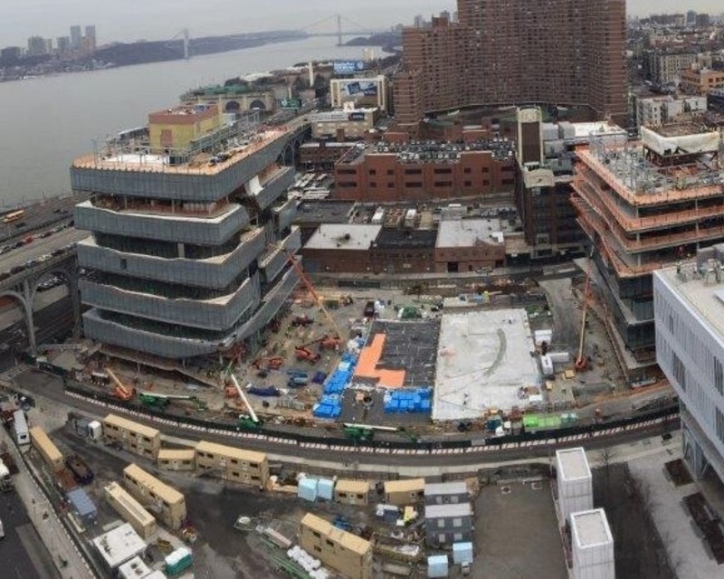 Project site, aerial view looking northeast, January 31, 2020 Aerial view of Columbia Manhattanville campus construction site.