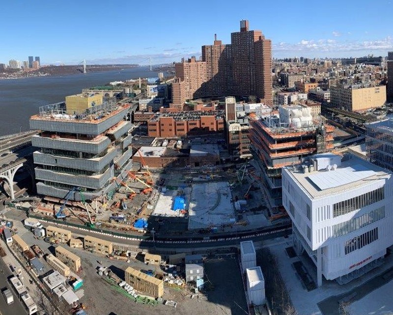 Project site, aerial view looking northeast, February 14, 2020 Aerial view of Columbia Manhattanville campus construction site.