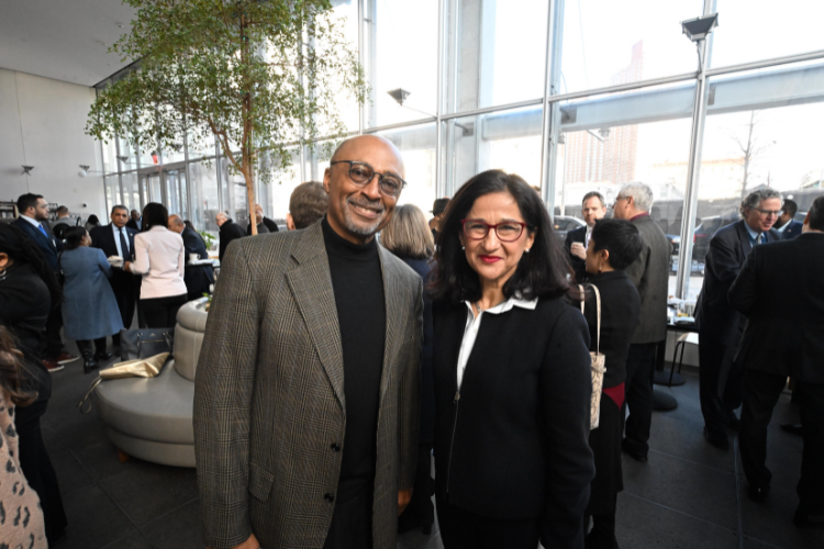Community Board 9 Vice Chair Victor Edwards and Minouche Shafik at the Manhattanville Market breakfast reception. Photo credit: Eileen Barroso Community Board 9 Vice Chair Victor Edwards and Minouche Shafik at the Manhattanville Market breakfast reception. Photo credit: Eileen Barroso