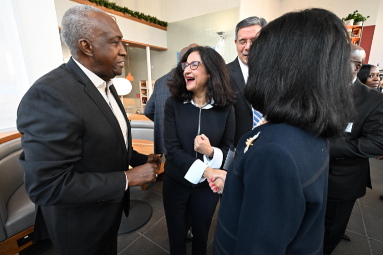 Minouche Shafik chats with Lloyd A. Williams, President and CEO of The Greater Harlem Chamber of Commerce. Photo credit: Eileen Barroso Minouche Shafik chats with Lloyd A. Williams, President and CEO of The Greater Harlem Chamber of Commerce. Photo credit: Eileen Barroso