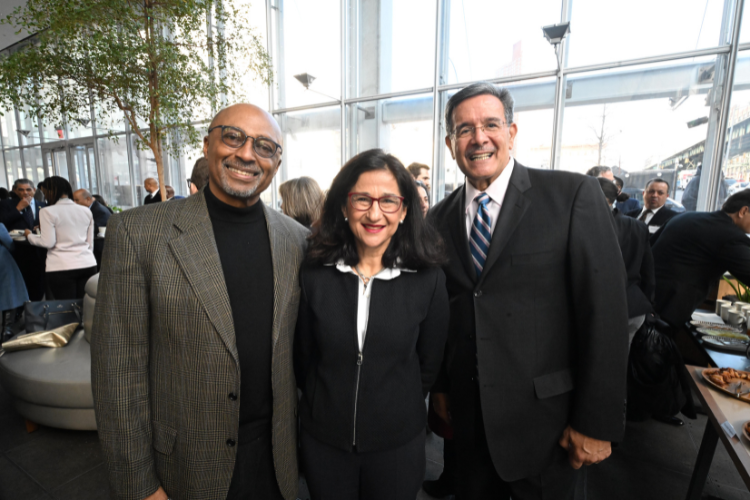 Community Board 9 Vice Chair Victor Edwards, Minouche Shafik, and Presiding Justice Rolando T. Acosta at the Manhattanville Market breakfast reception. Photo credit: Eileen Barroso Community Board 9 Vice Chair Victor Edwards, Minouche Shafik, and Presiding Justice Rolando T. Acosta at the Manhattanville Market breakfast reception. Photo credit: Eileen Barroso