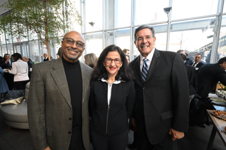 Community Board 9 Vice Chair Victor Edwards, Minouche Shafik, and Presiding Justice Rolando T. Acosta at the Manhattanville Market breakfast reception. Photo credit: Eileen Barroso