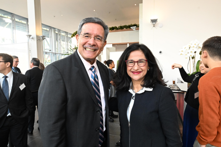 Columbia University's next president Nemat "Minouche" Shafik and Presiding Justice Rolando T. Acosta at the Manhattanville Market breakfast reception. Photo credit: Eileen Barroso