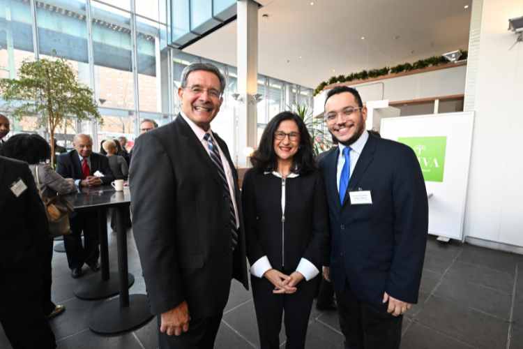 Presiding Justice Rolando T. Acosta, Minouche Shafik, and New York City Council Member Shaun Abreu at the Manhattanville Market breakfast reception. Photo credit: Eileen Barroso Presiding Justice Rolando T. Acosta, Minouche Shafik, and New York City Council Member Shaun Abreu at the Manhattanville Market breakfast reception. Photo credit: Eileen Barroso