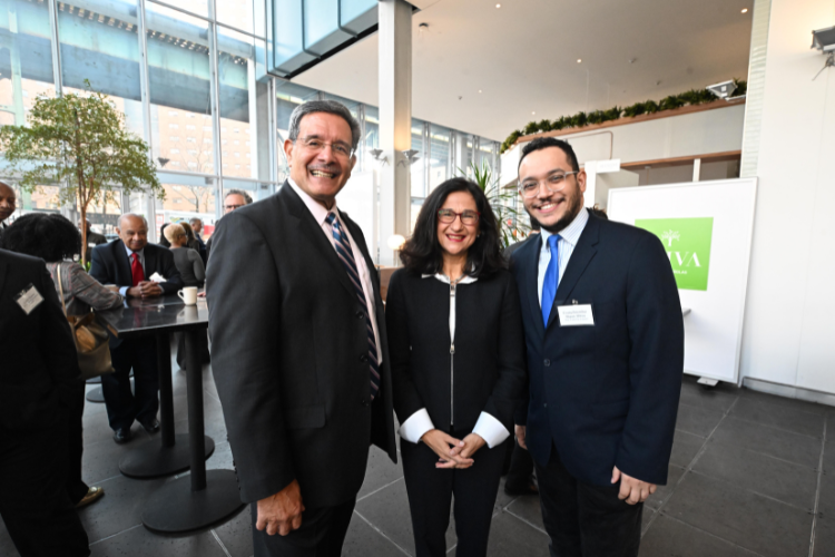 Presiding Justice Rolando T. Acosta, Minouche Shafik, and New York City Council Member Shaun Abreu at the Manhattanville Market breakfast reception. Photo credit: Eileen Barroso