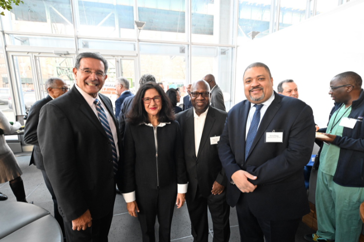 Presiding Justice Rolando T. Acosta, Minouche Shafik, Judge Milton Tingling, and Manhattan District Attorney Alvin Bragg at the Manhattanville Market breakfast reception. Photo credit: Eileen Barroso Presiding Justice Rolando T. Acosta, Minouche Shafik, Judge Milton Tingling, and Manhattan District Attorney Alvin Bragg at the Manhattanville Market breakfast reception. Photo credit: Eileen Barroso