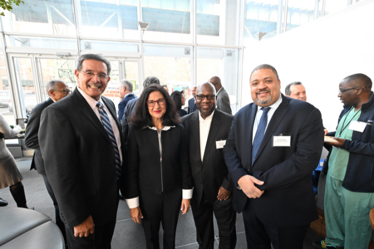 Presiding Justice Rolando T. Acosta, Minouche Shafik, Judge Milton Tingling, and Manhattan District Attorney Alvin Bragg at the Manhattanville Market breakfast reception. Photo credit: Eileen Barroso