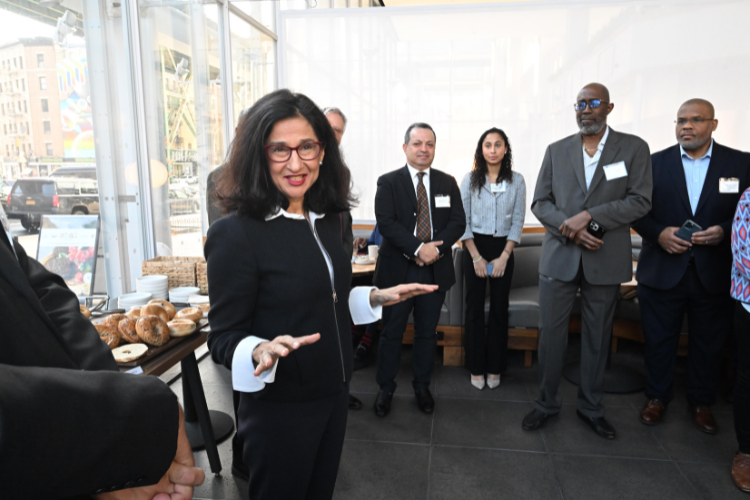 Minouche Shafik delivers remarks at the Manhattanville Market breakfast reception. Photo credit: Eileen Barroso Minouche Shafik delivers remarks at the Manhattanville Market breakfast reception. Photo credit: Eileen Barroso