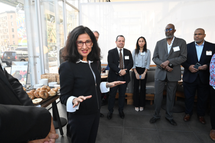 Minouche Shafik delivers remarks at the Manhattanville Market breakfast reception. Photo credit: Eileen Barroso