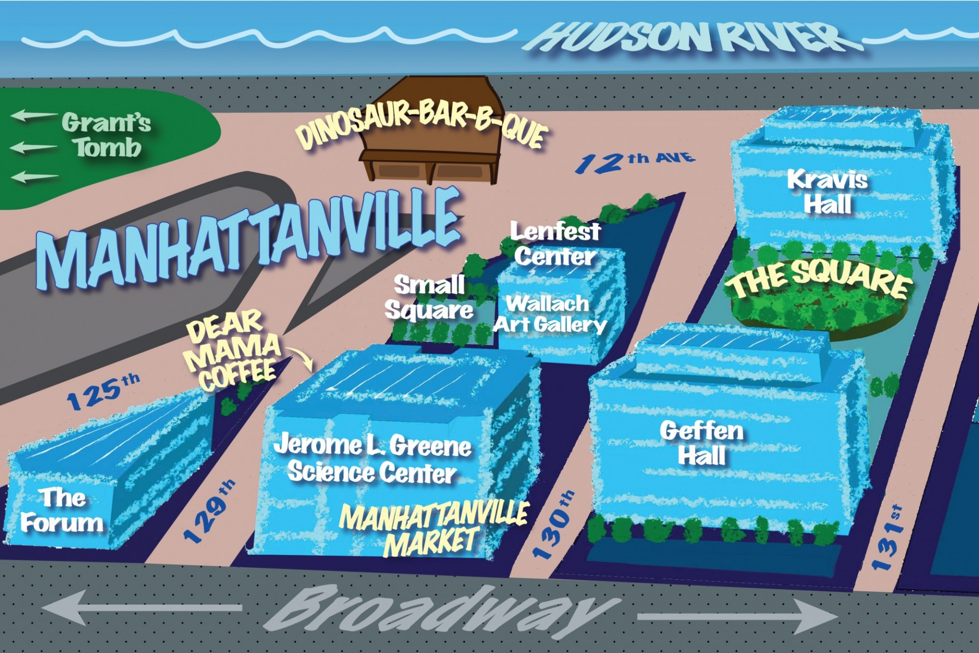 Visual map of Manhattanville campus featuring food crawl restaurants