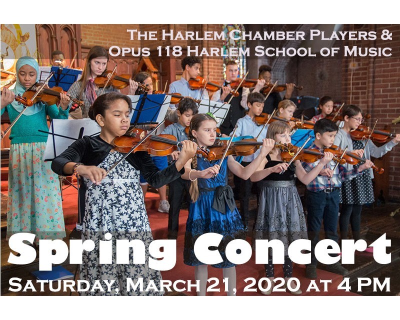 Harlem Chamber Players & Opus 118 Harlem School of Music Flyer with violinist and details of the event