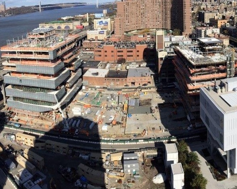 Project site, aerial view looking northeast, November 8, 2019 Aerial view of Columbia Manhattanville campus construction site.