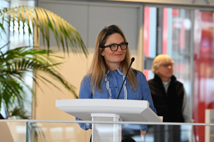 Columbia University’s Executive Vice President for Public Affairs, Shailagh Murray, welcomes attendees at the Annual Friends and Neighbors Breakfast. Image by Eileen Barroso. 