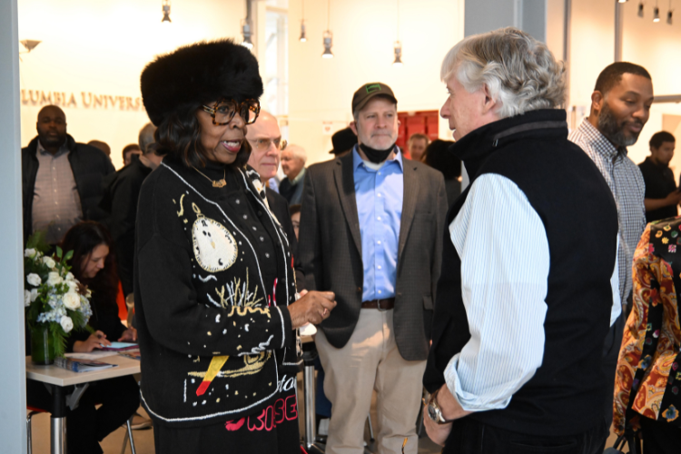 Columbia University President Lee C. Bollinger connected with attendees at the annual Friends and Neighbors Breakfast. Image by Eileen Barroso. Columbia University President Lee C. Bollinger connected with attendees at the annual Friends and Neighbors Breakfast. Image by Eileen Barroso.