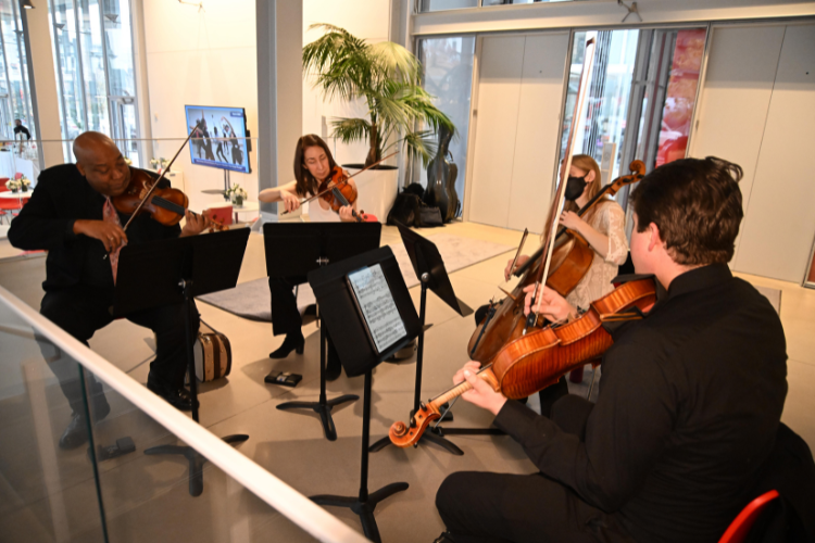 The Harlem Chamber Players provided melodic tunes throughout the morning at Columbia's annual Friends and Neighbors Breakfast. Image by Eileen Barroso.