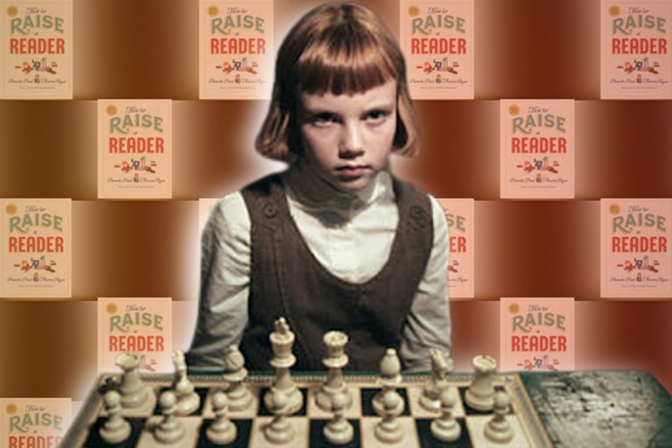 An image of a young girl sitting in front of a chessboard, with copies of the cover of the book "How to Raise a Reader" behind her.