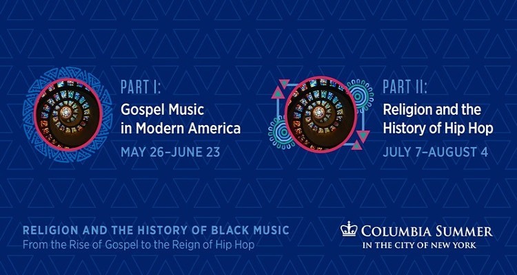 Banner for Religion and the History of Black Music events on blue background
