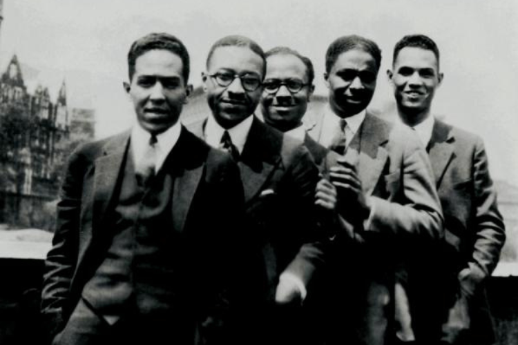 Left to right: Langston Hughes, Charles S. Johnson, E. Franklin Frazier, Rudolph Fisher, and Hubert T. Delaney on the roof of 580 St. Nicholas Avenue in Harlem, circa 1924. Photo credit: The New York Public Library Left to right: Langston Hughes, Charles S. Johnson, E. Franklin Frazier, Rudolph Fisher, and Hubert T. Delaney on the roof of 580 St. Nicholas Avenue in Harlem, circa 1924. Photo credit: The New York Public Library