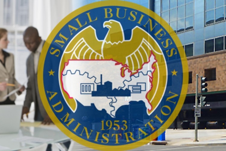 SBA logo with stock business building photo in background.
