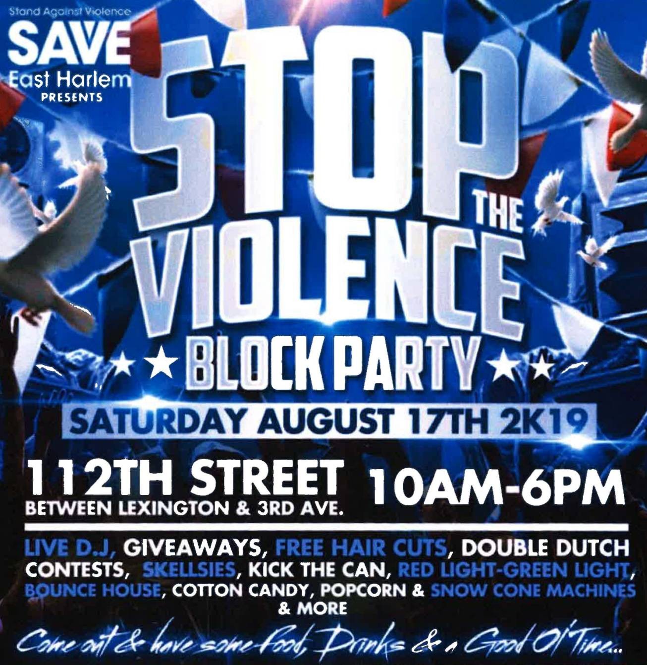 Stop the Violence Block Party Flyer with information about date, time, and activities