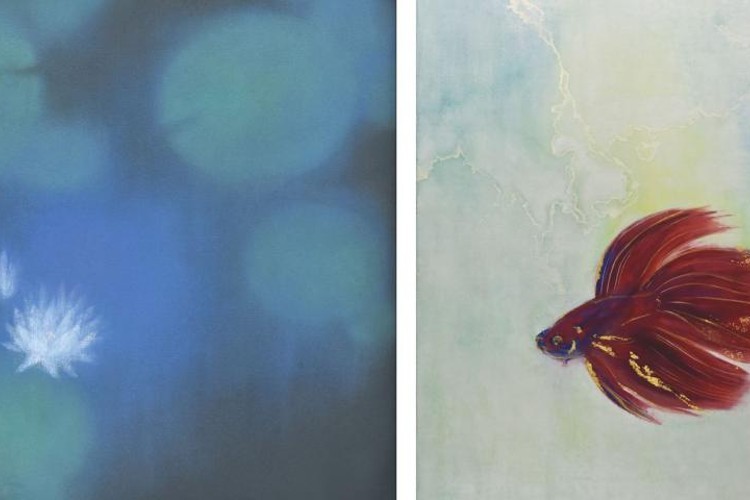 Two paintings showing water lilies and a fish