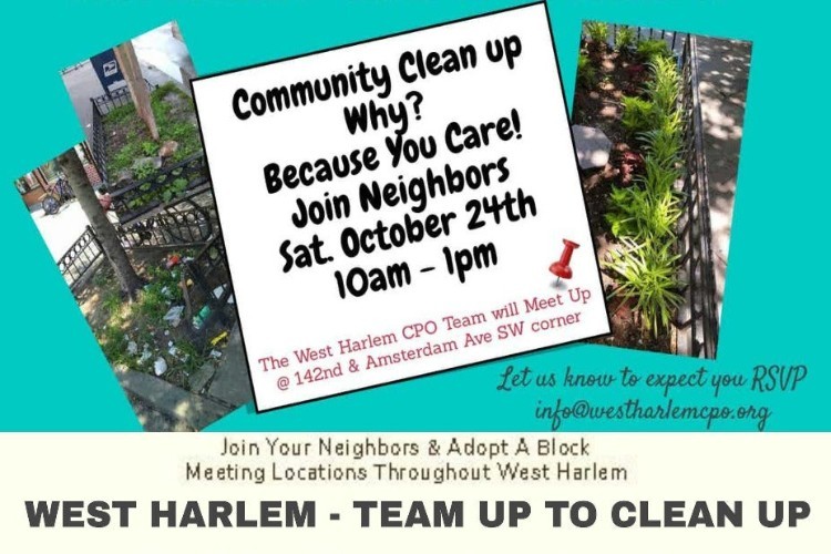banner for community clean up on amsterdam avenue