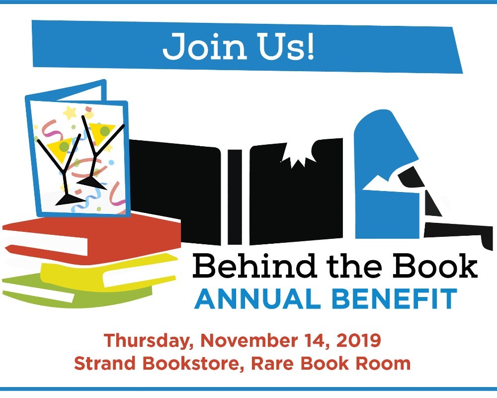 An illustration of books with the date and location information for the Behind the Book annual benefit.