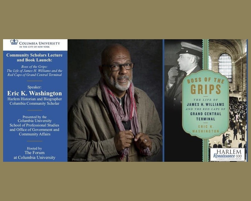 A picture of Eric Washington and a picture of the cover of Boss of the Grips, as well as event details.