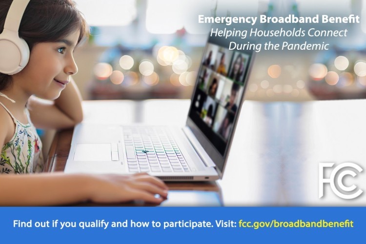 A picture of a girl on a videoconference with text about the emergency broadband benefit.
